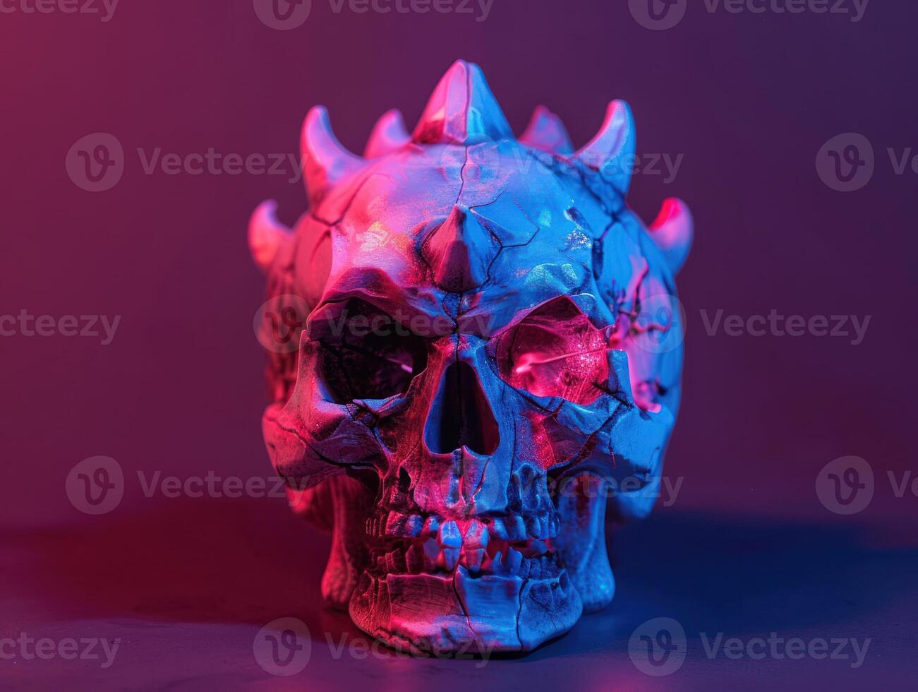 a blue and red glowing skulls head, photo