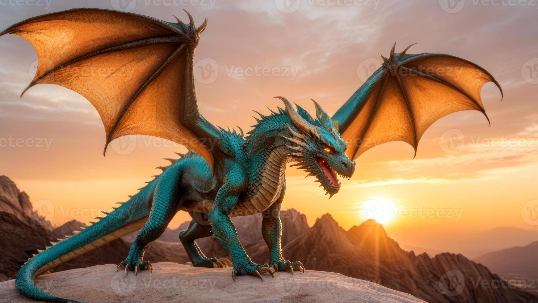 3d rendering of dragon with wing extended standing on high mountainstop, photo