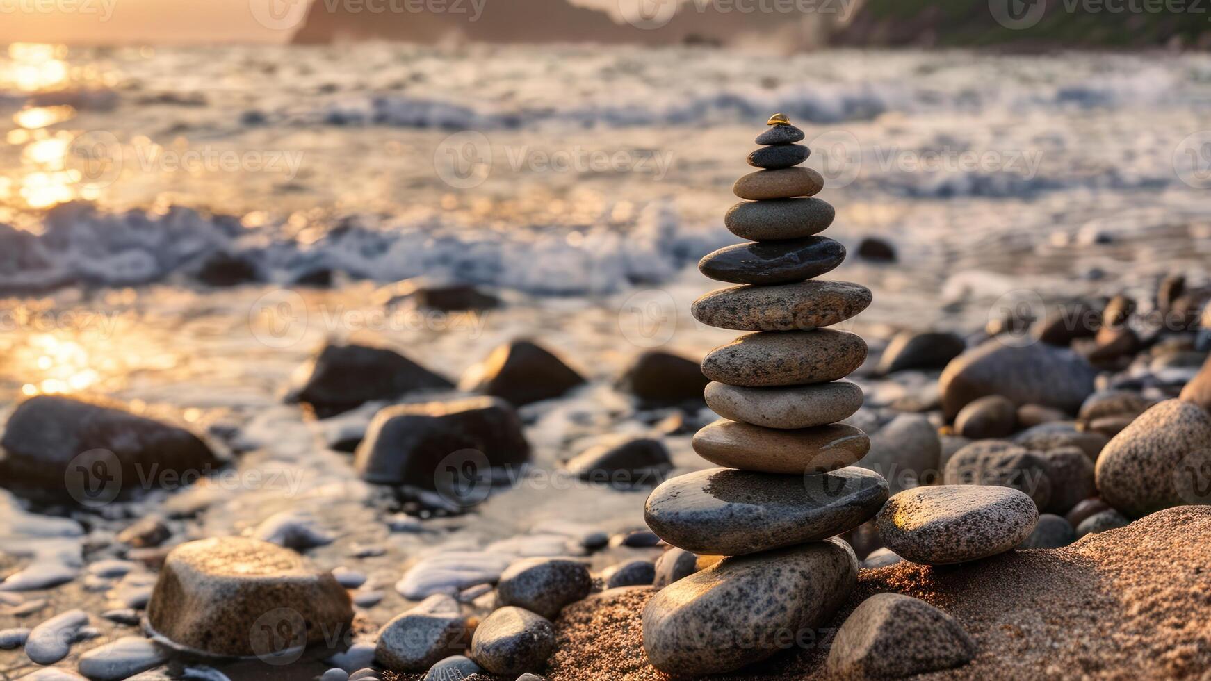 some rocks stacked up on beach with water and sky, photo