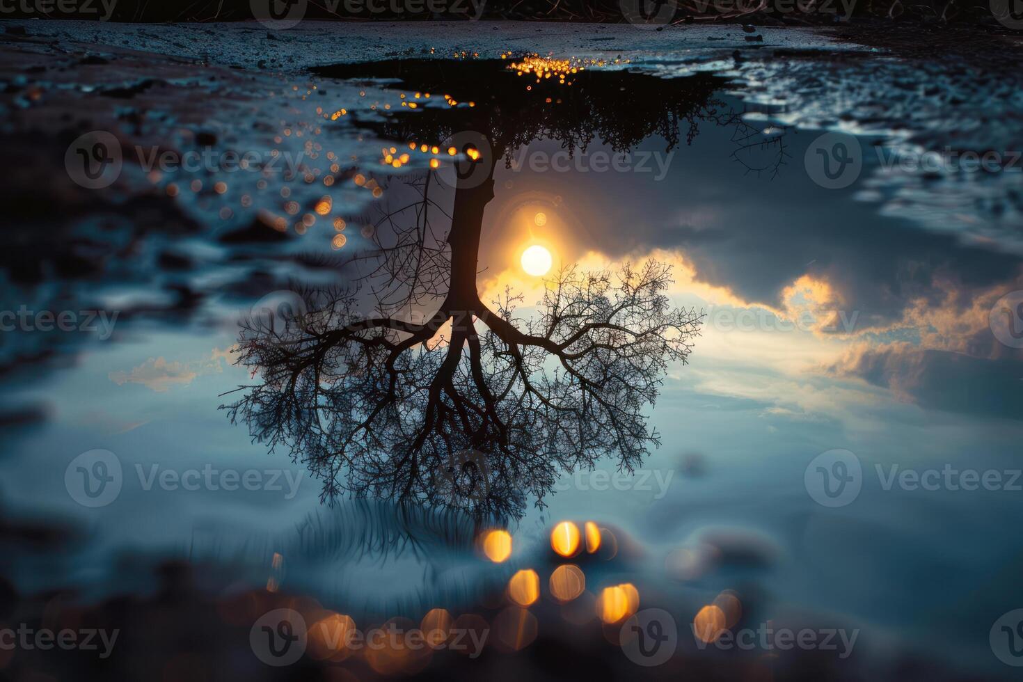 the sun is setting behind two trees with long branches, photo
