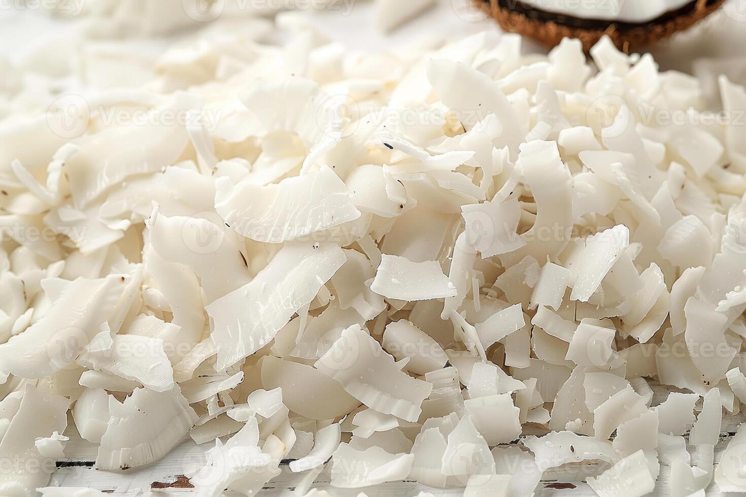 a sliced coconut and shredded coconut flakes on a white counter, photo