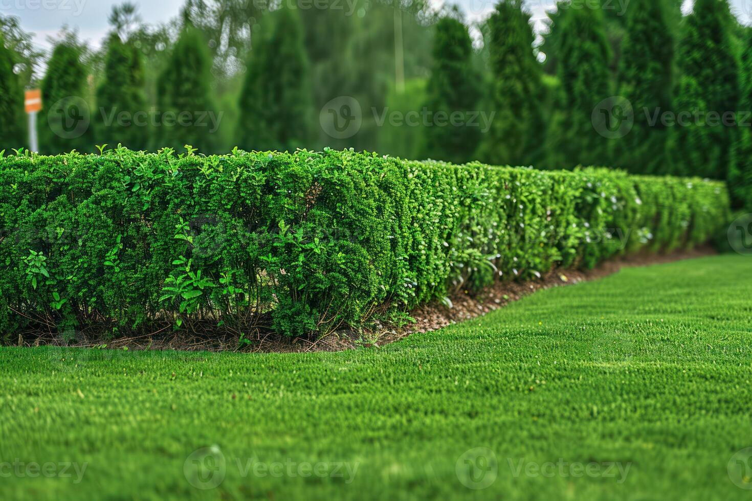 hedges on grassy lawn, fence line and trees in the background, photo