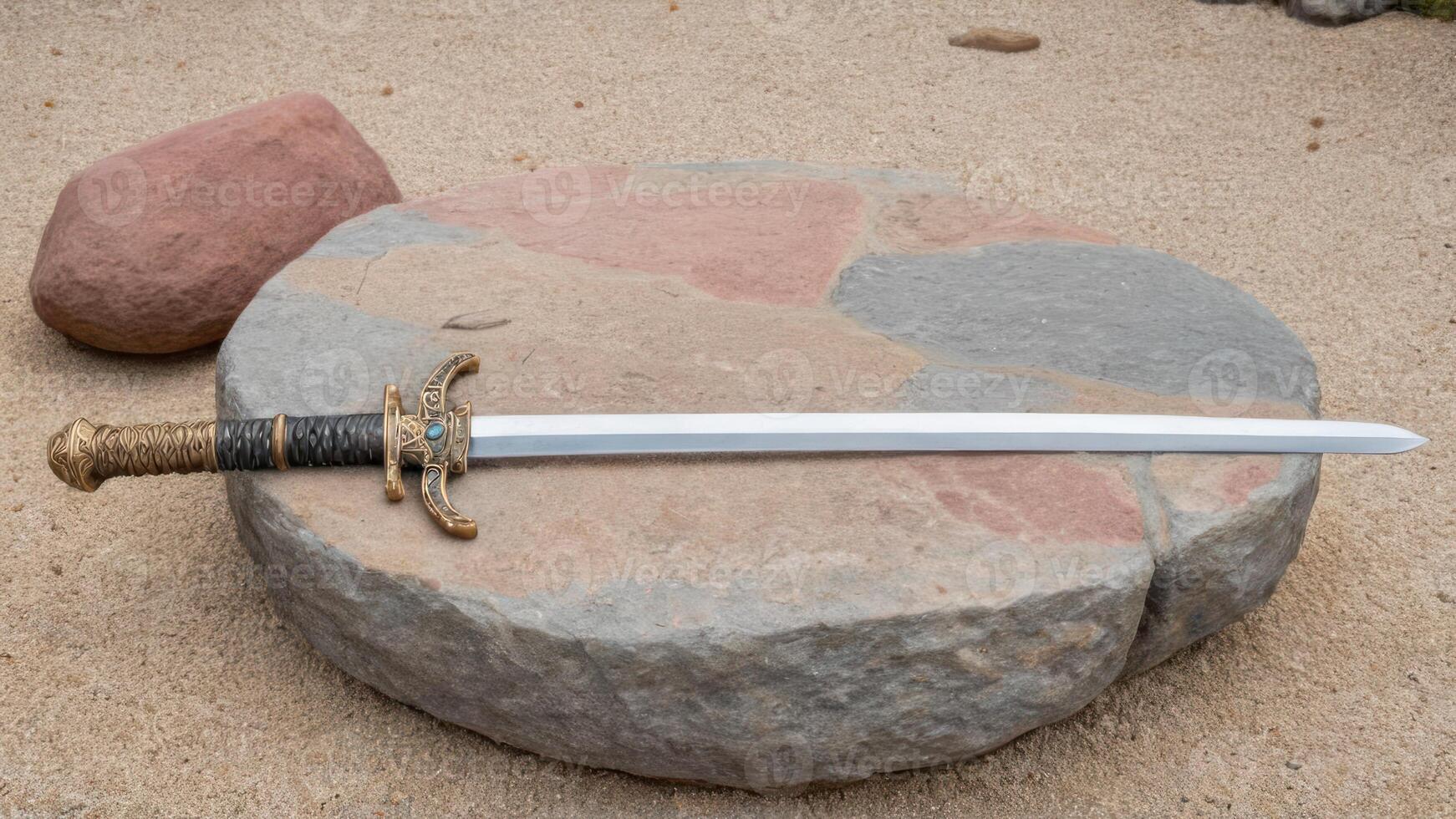 a small, ornate dagger with decorative bits near large stone, photo