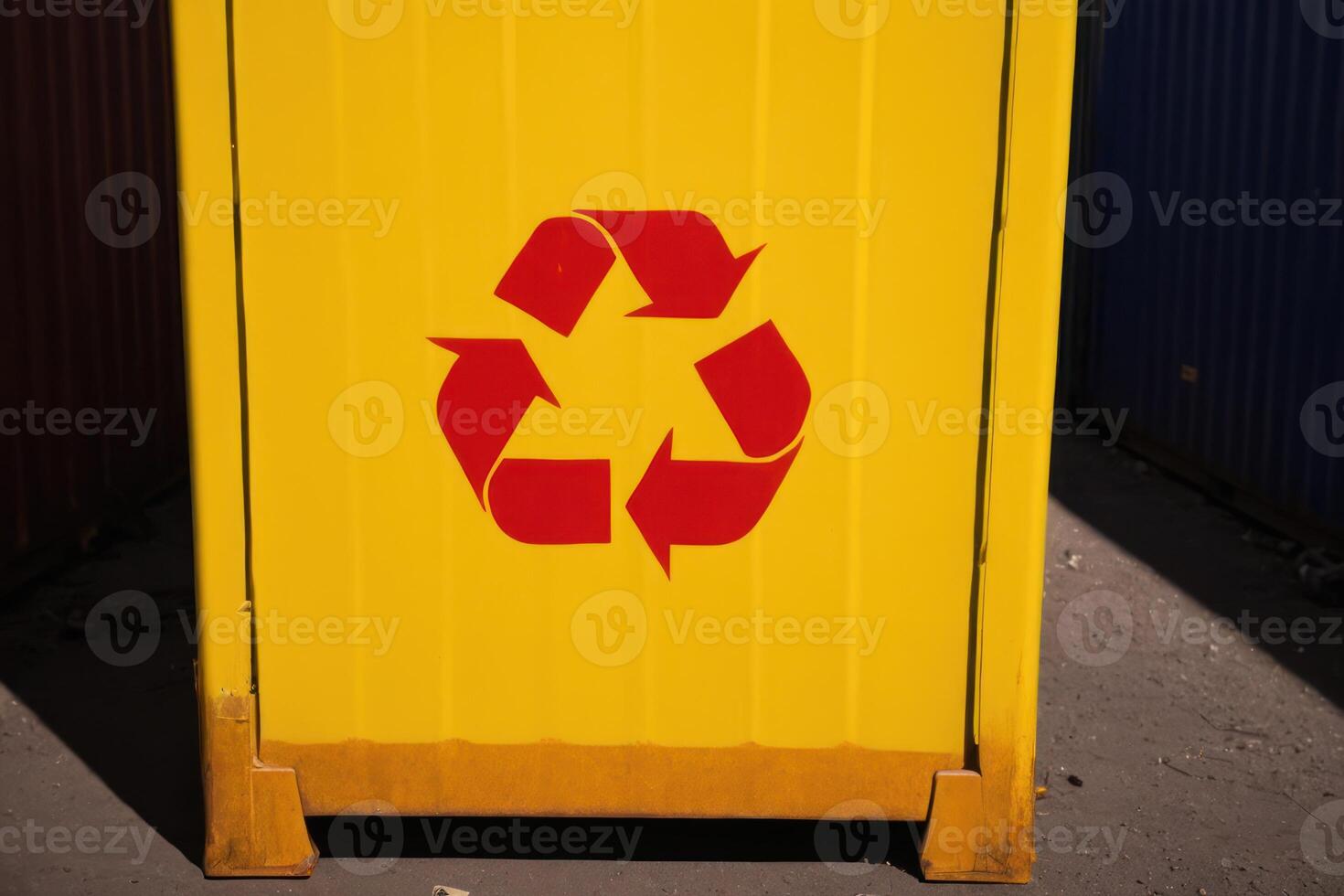 an outdoor trash can with the logo of recycle, photo