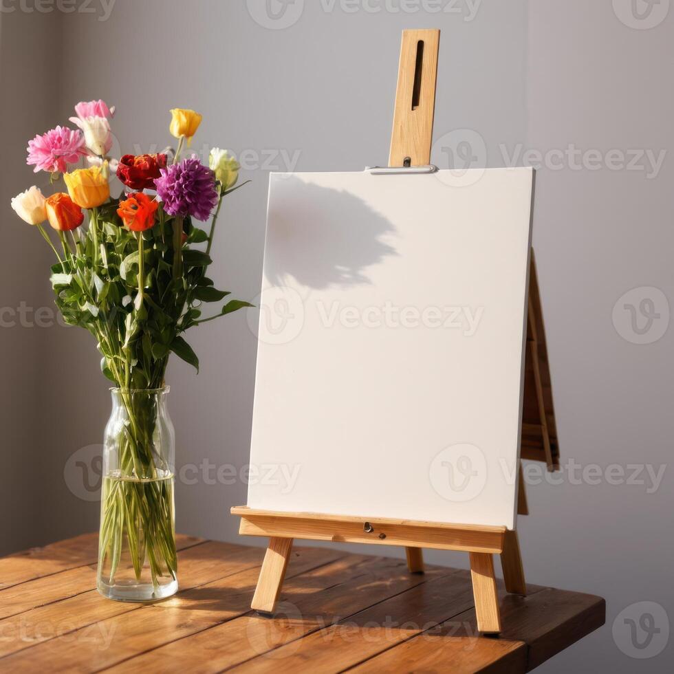 a table with paper on it near a vase of flowers, photo