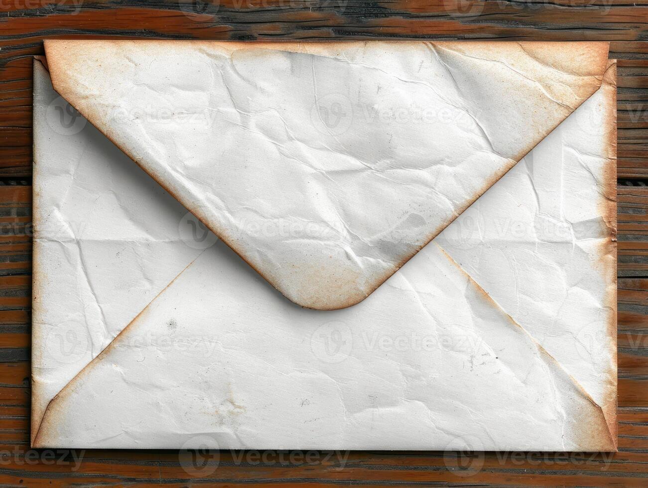 an old, crumbled envelope opened on a wooden background, photo