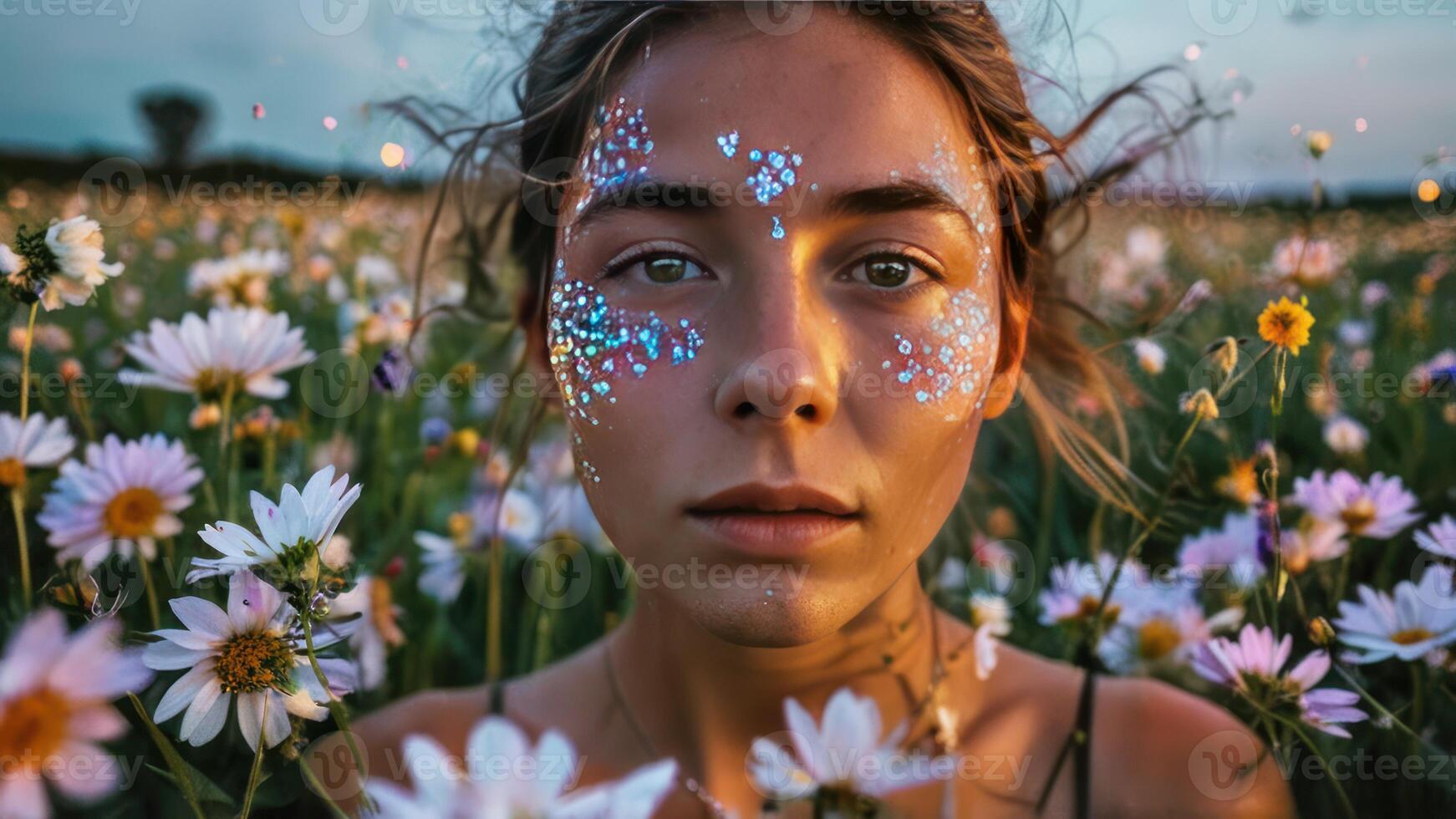 a woman surrounded by flowers and petals in the middle, photo