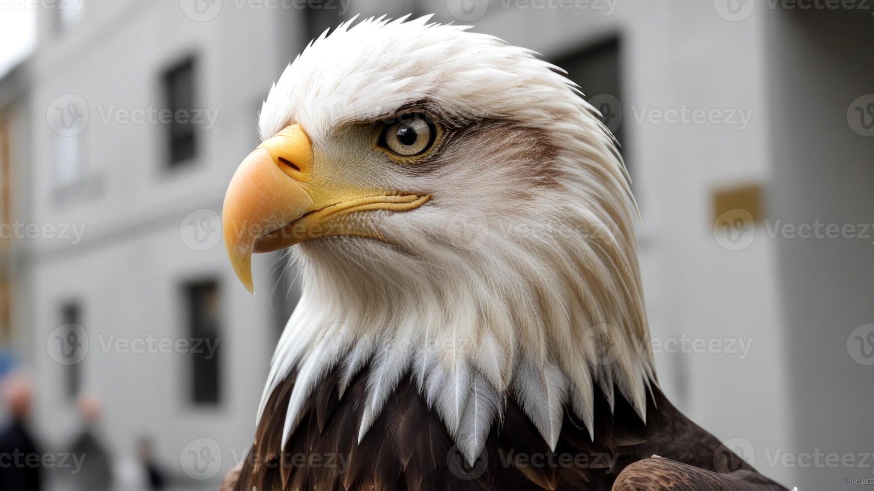 the eagle is standing outside of the large building, photo
