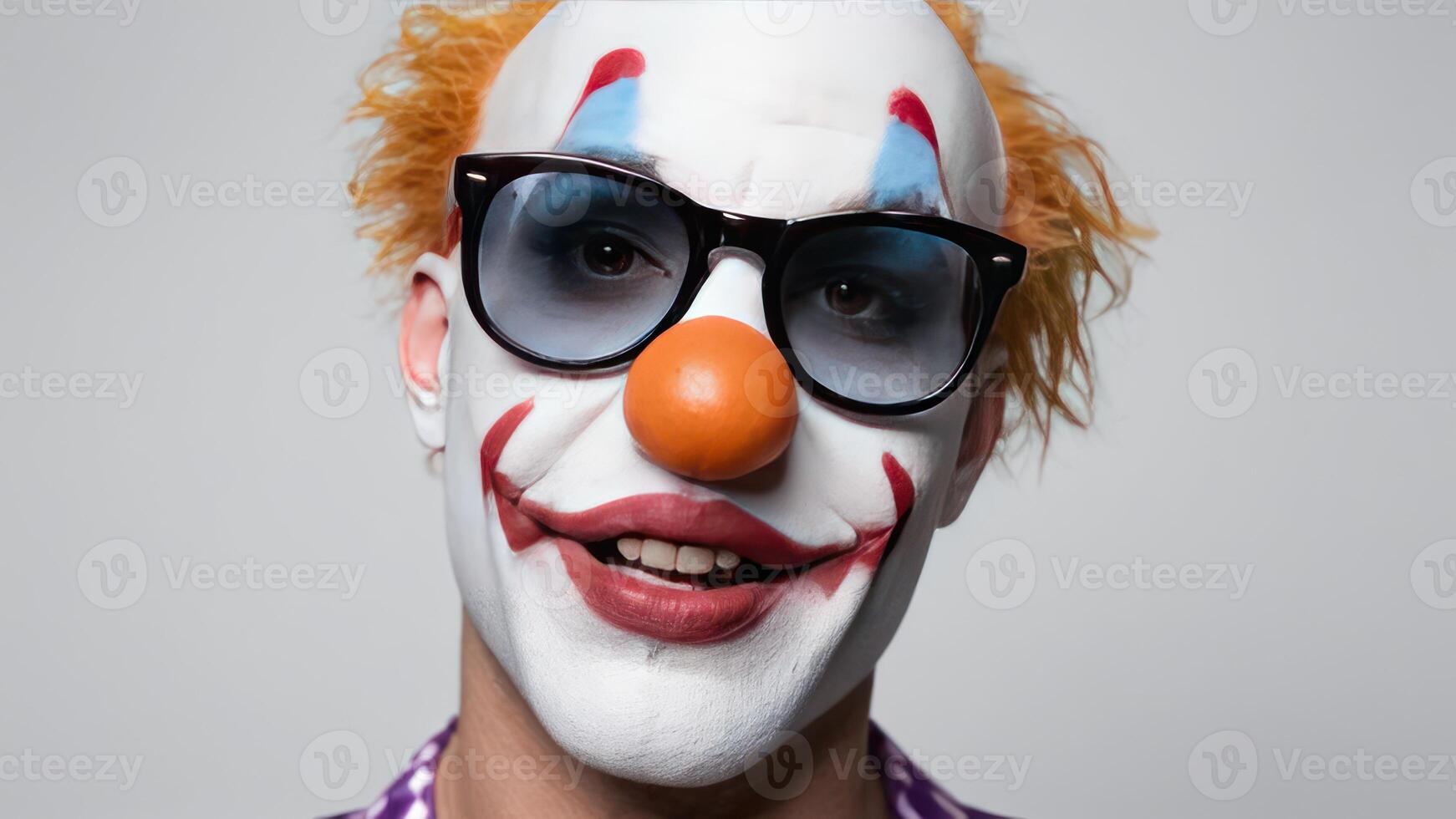 clown wearing glasses and staring at camera, photo