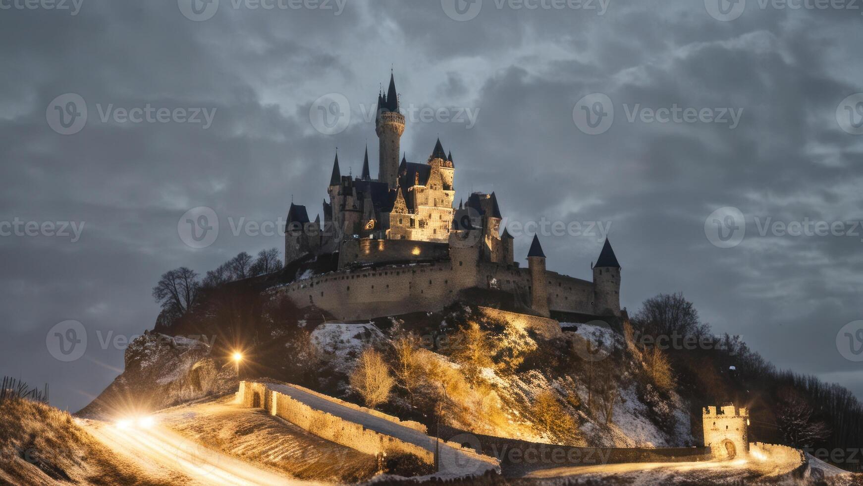 a castle is shown illuminated from within at night, photo