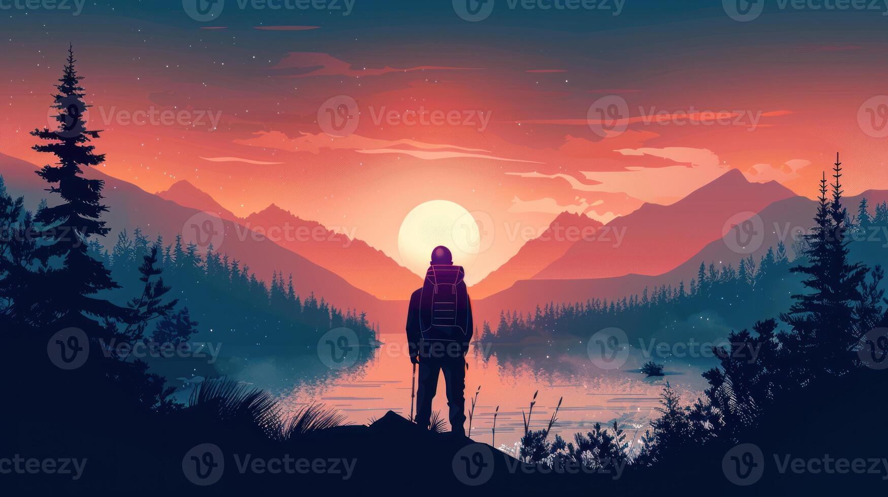 there is a lone person standing on the side looking towards a forest, photo