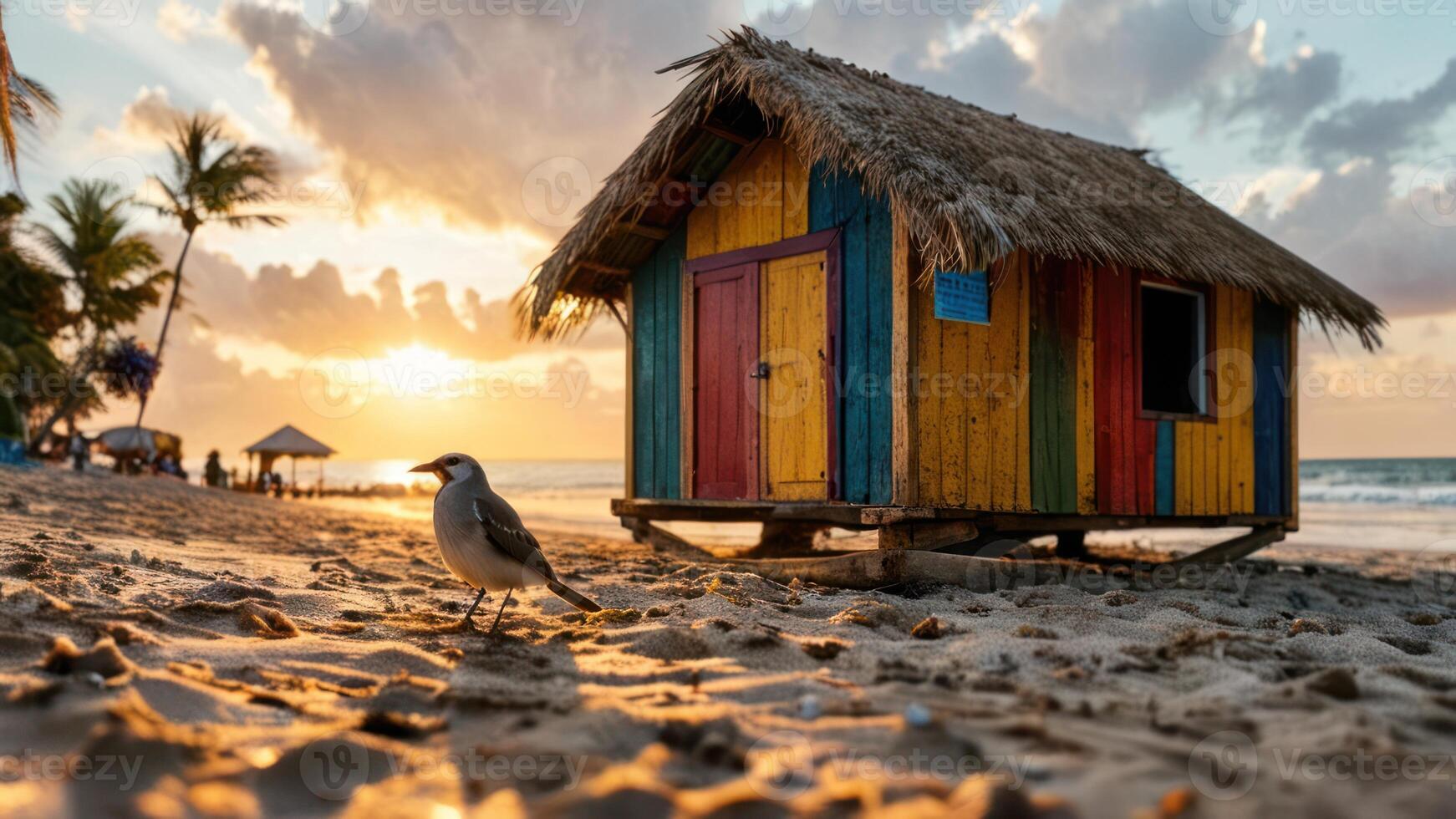 there is a bird in front of a hut on the beach, photo