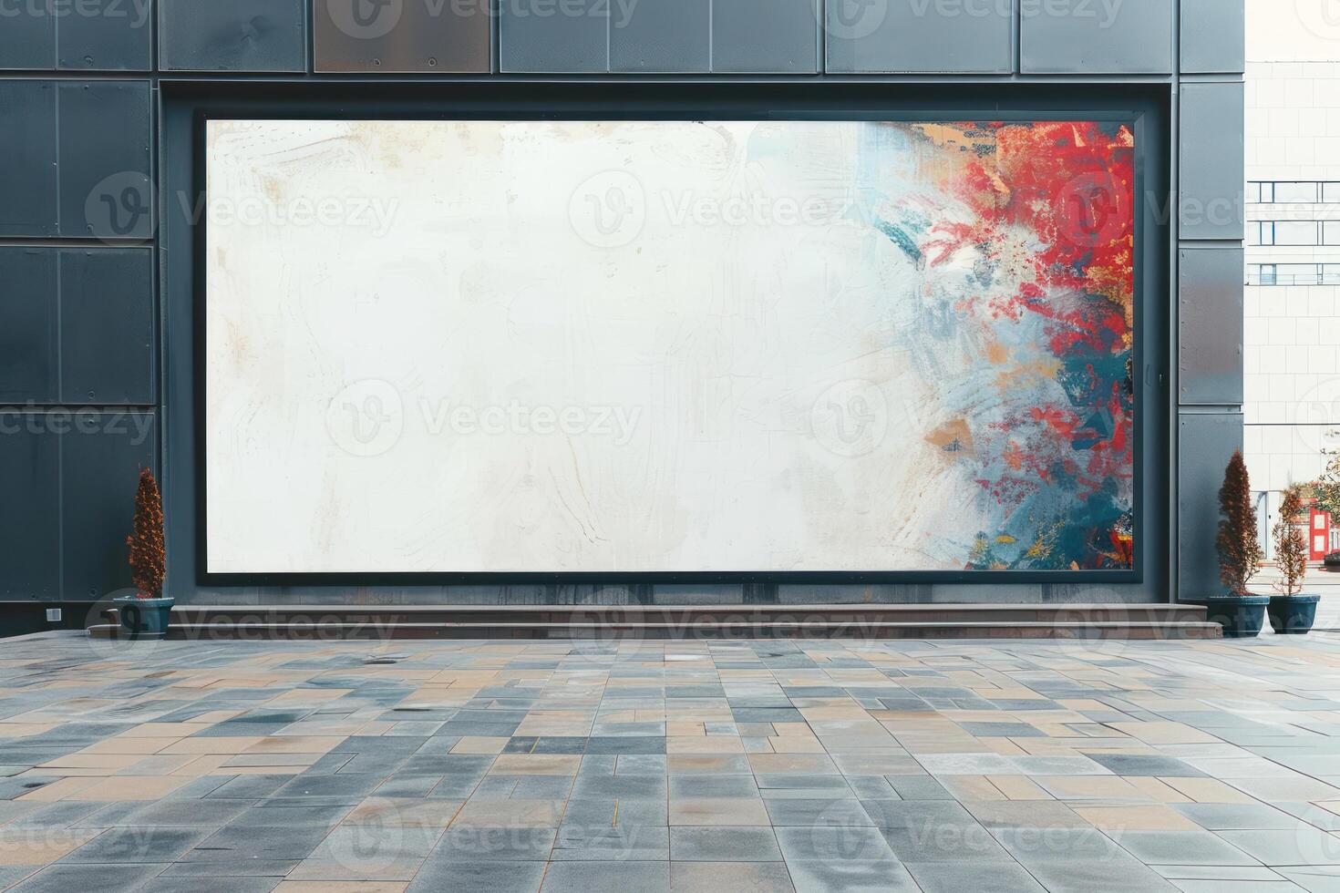 the big rectangular canvas on the concrete wall is displaying large art, photo