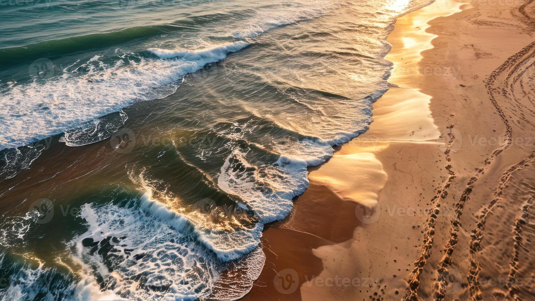 the ocean shore in front of an empty brown sandy beach, photo