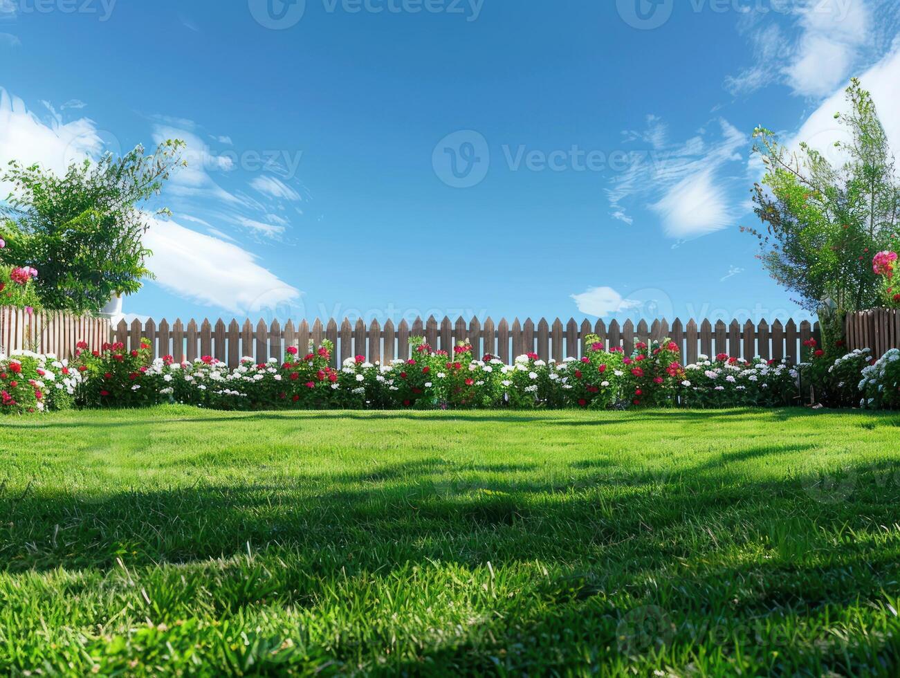 a garden fence and some grass and bushes, photo