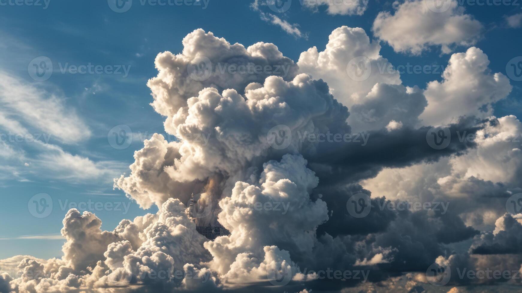 an airplane flying under puffy clouds in the blue sky, photo