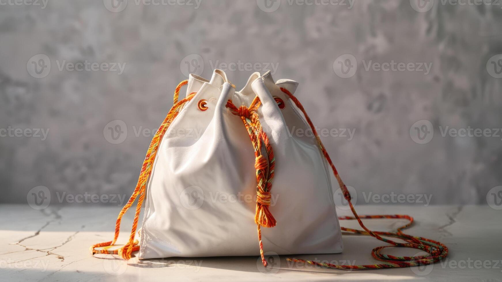 white bag with red string tote sitting on table near wall, photo