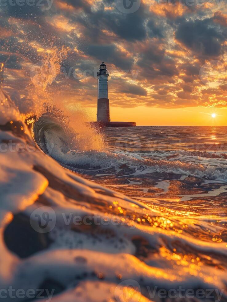 sunset over a lake as an abandoned lighthouse is caught by waves, photo