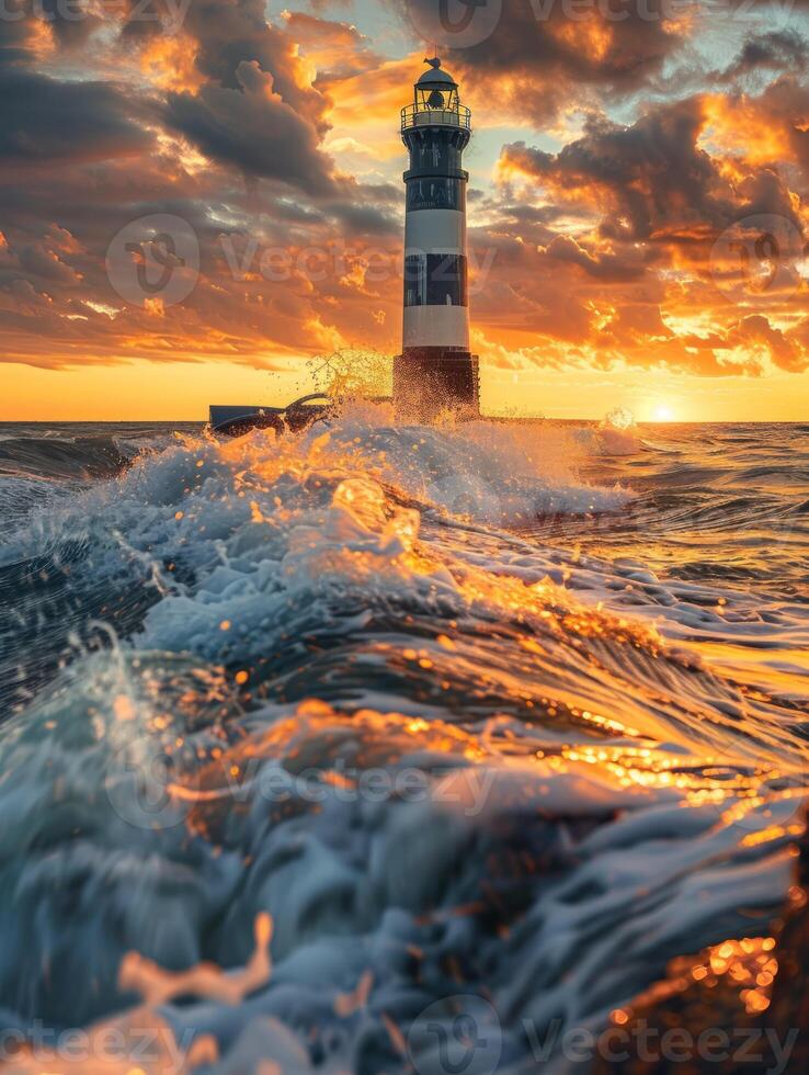 a lighthouse surrounded by waves with the sun in the background, photo