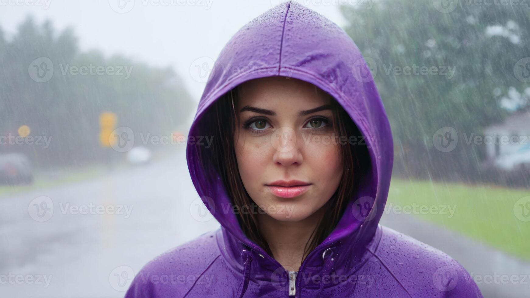a beautiful young woman wearing a purple raincoat outside, photo