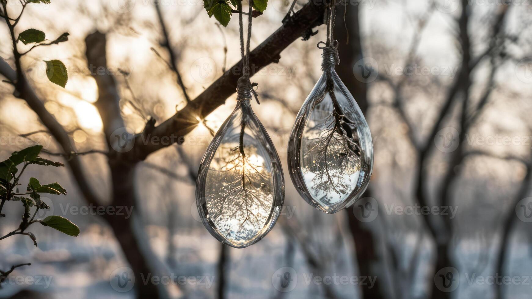 clear glass droplet hanging in front of trees, photo