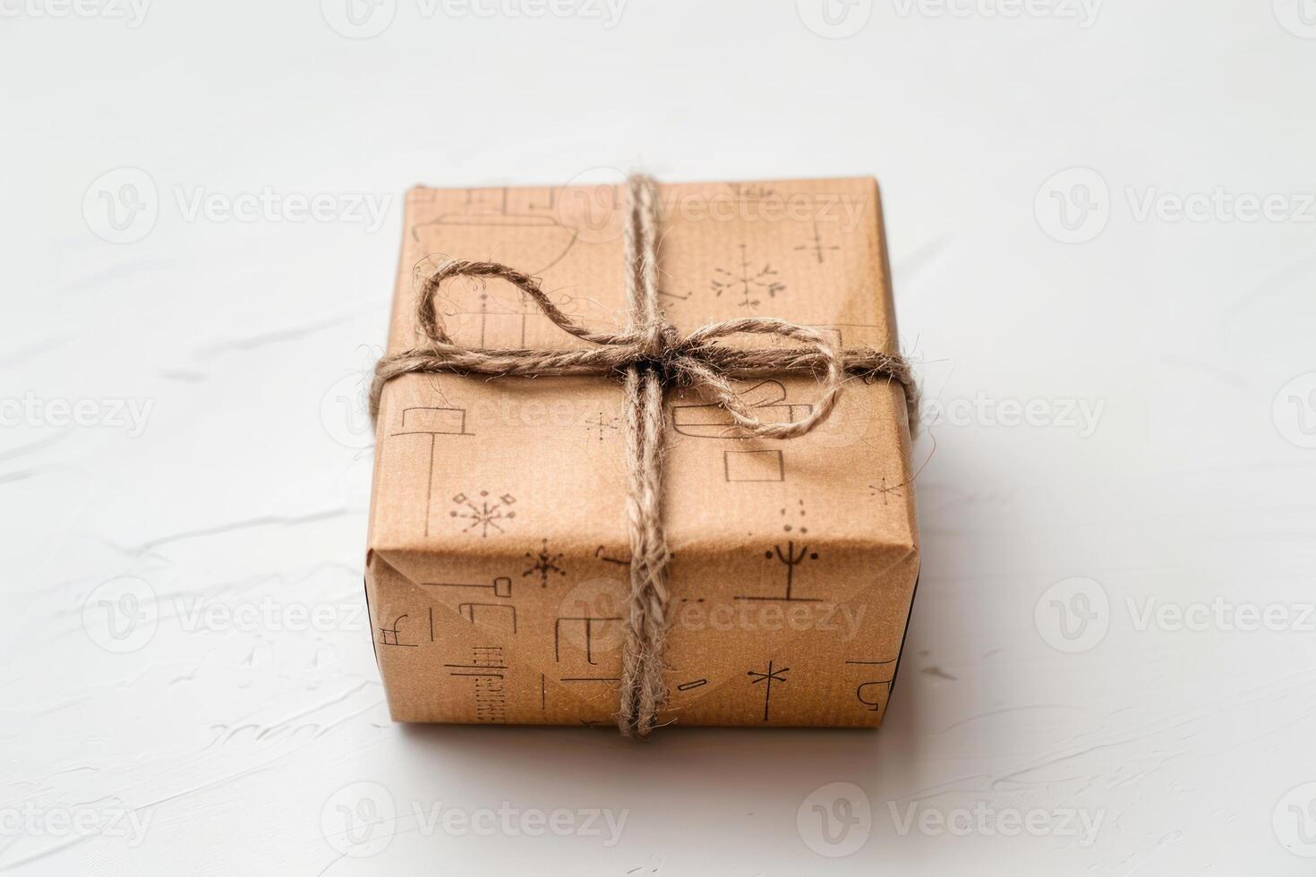 a brown paper parcel tied with jute string sitting on top of a grey surface, photo