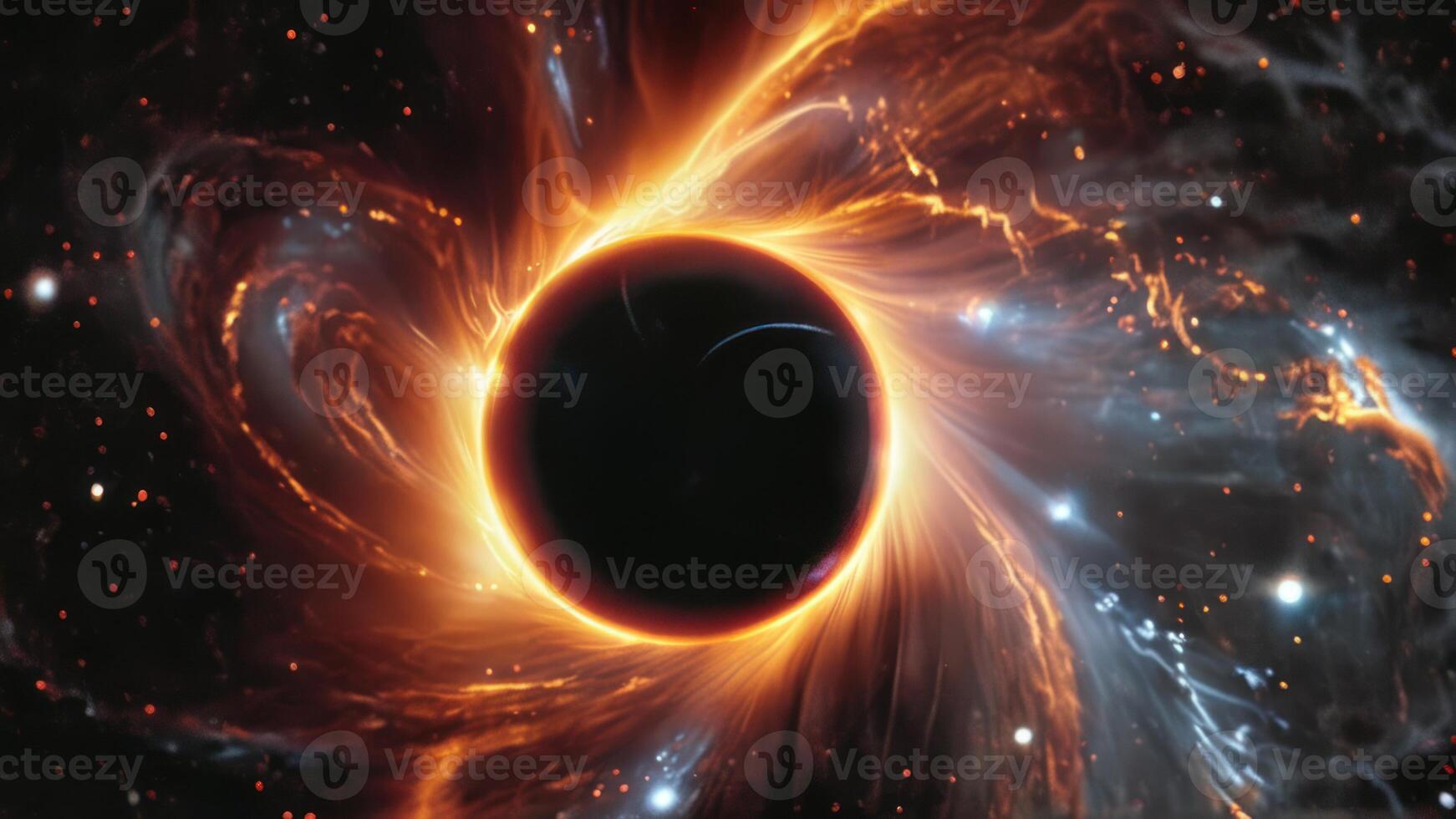 an abstract picture shows the hole in front of the large orange sun that is exploding into space, photo