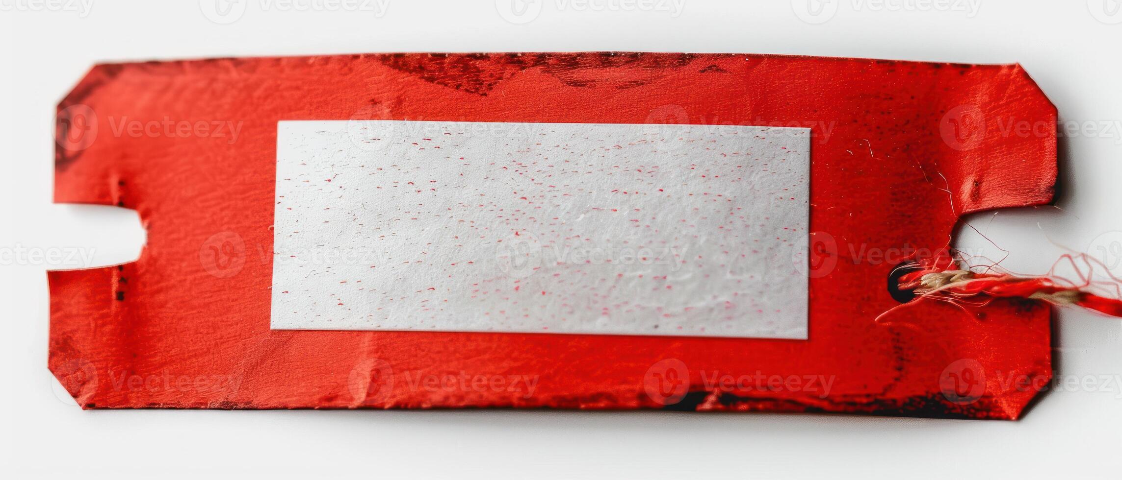 a piece of red material with red thread around and white square paper, photo