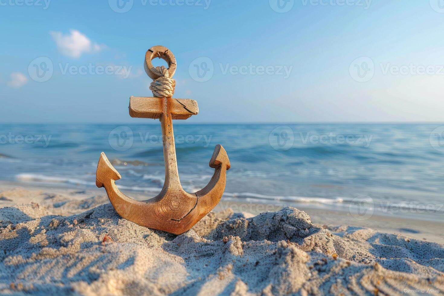 an anchor with rope at the beach, against a backdrop of the ocean, photo