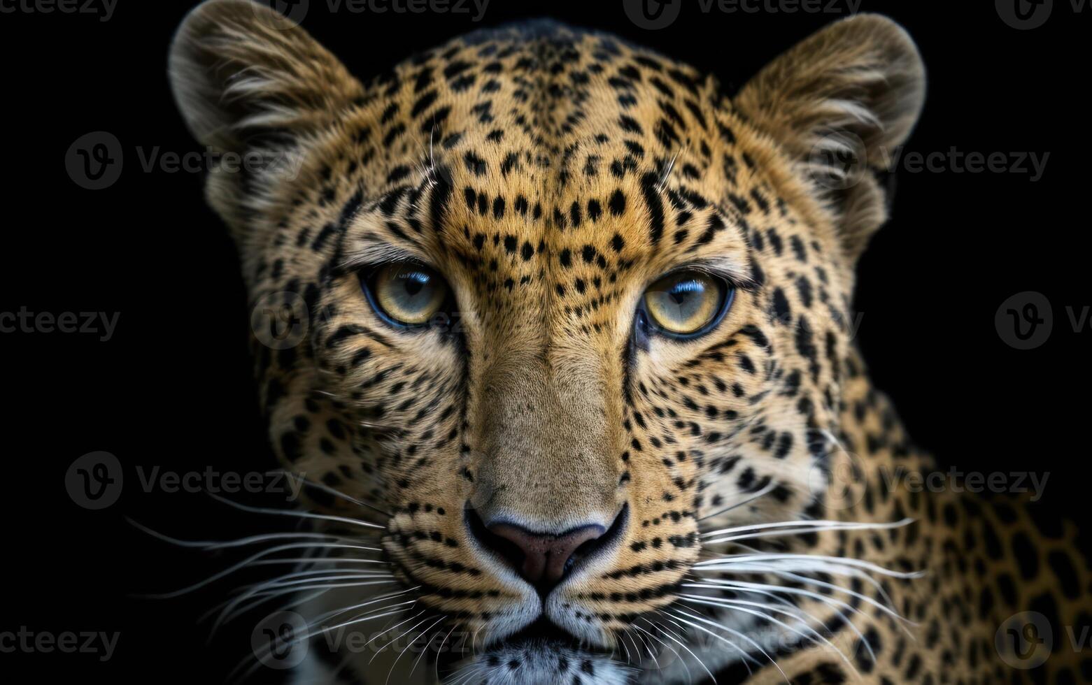 a leopard in front of a black background for the caption, photo