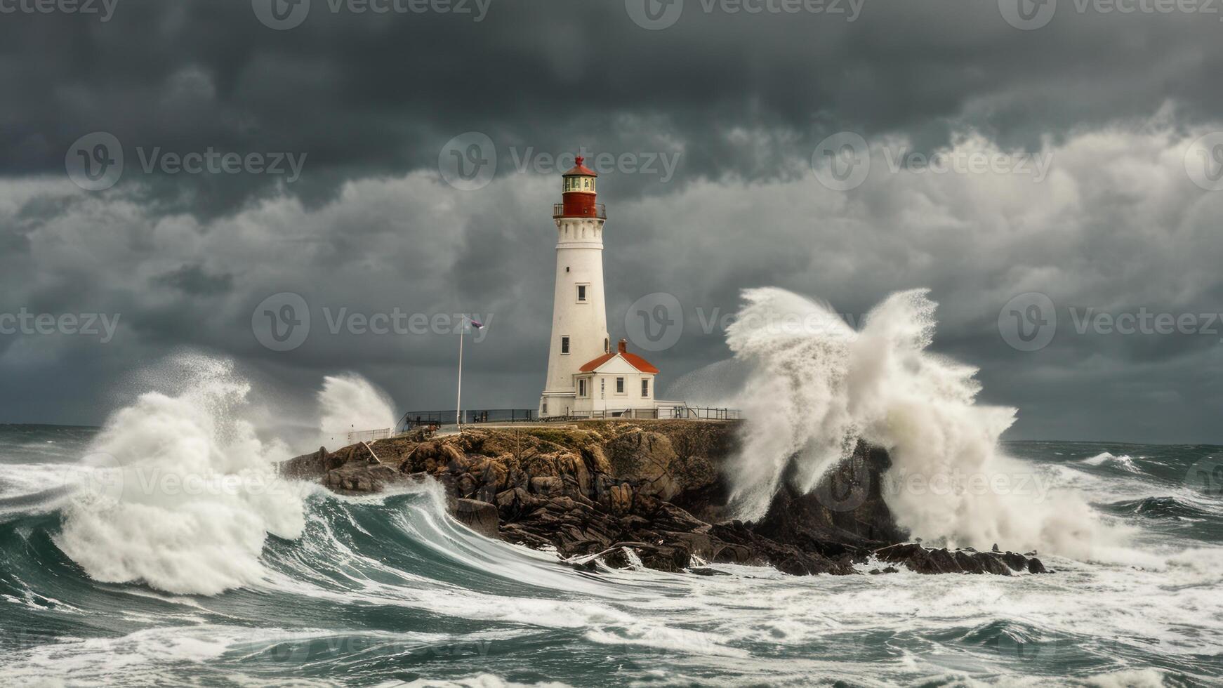 the ocean and wave crash from behind the lighthouse, photo