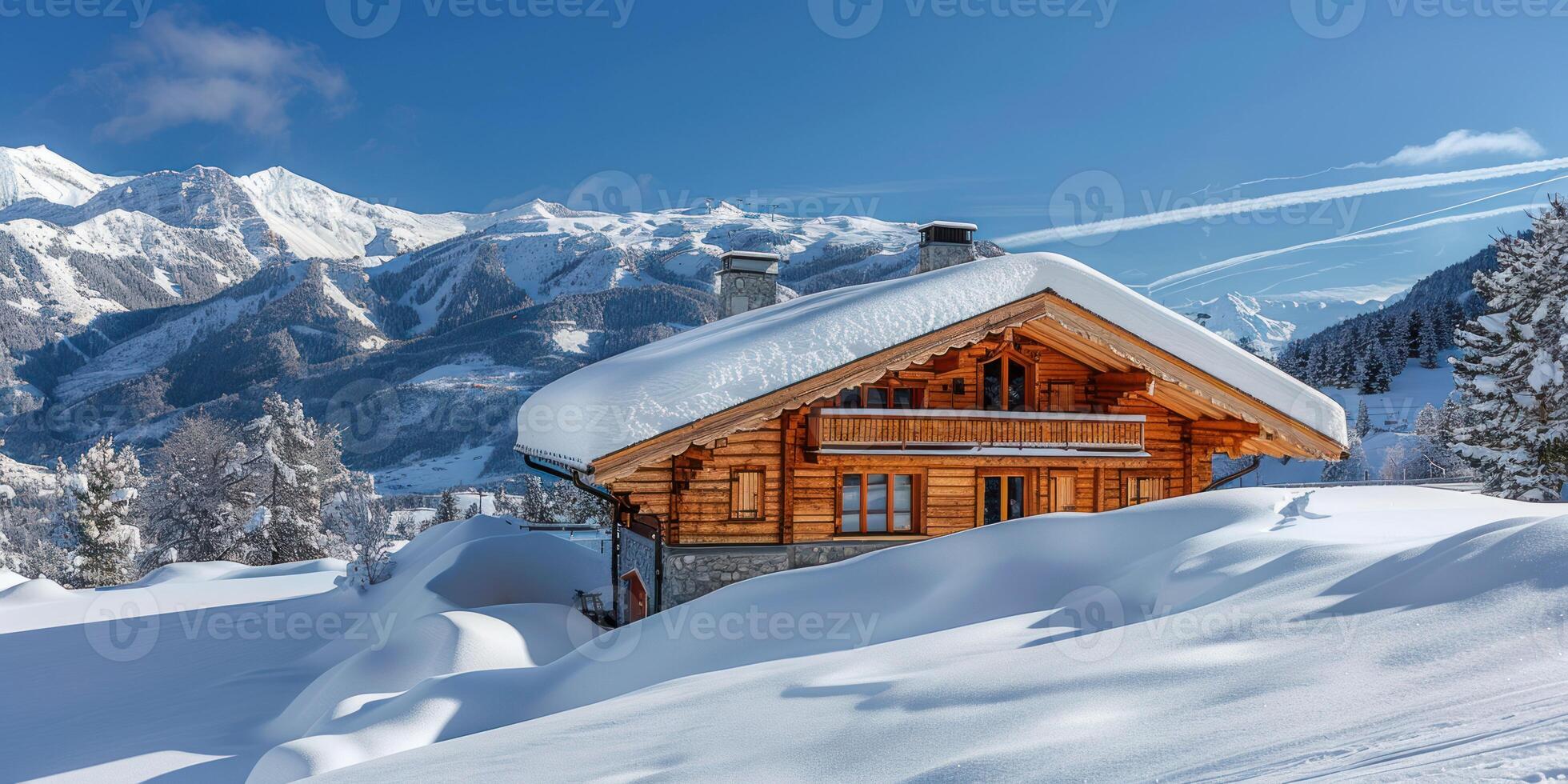 a snow covered log cabin that is standing in the snow, photo