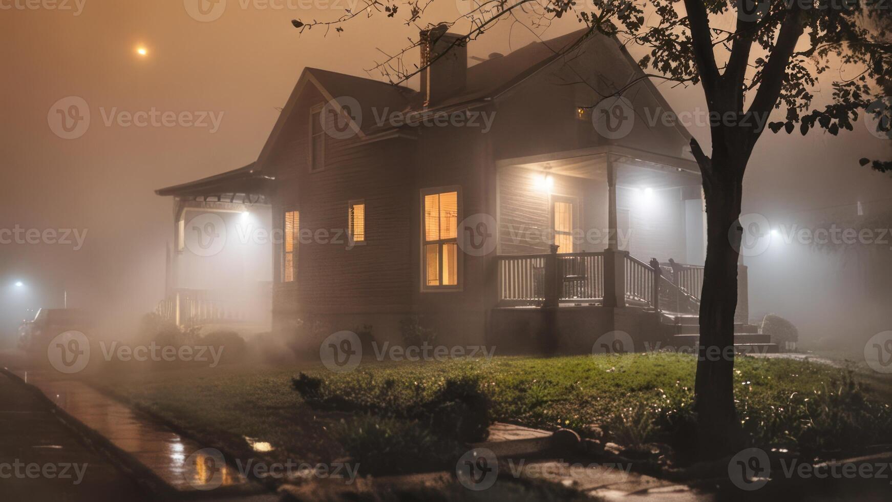the house has lights out and smoke billowing from it, photo