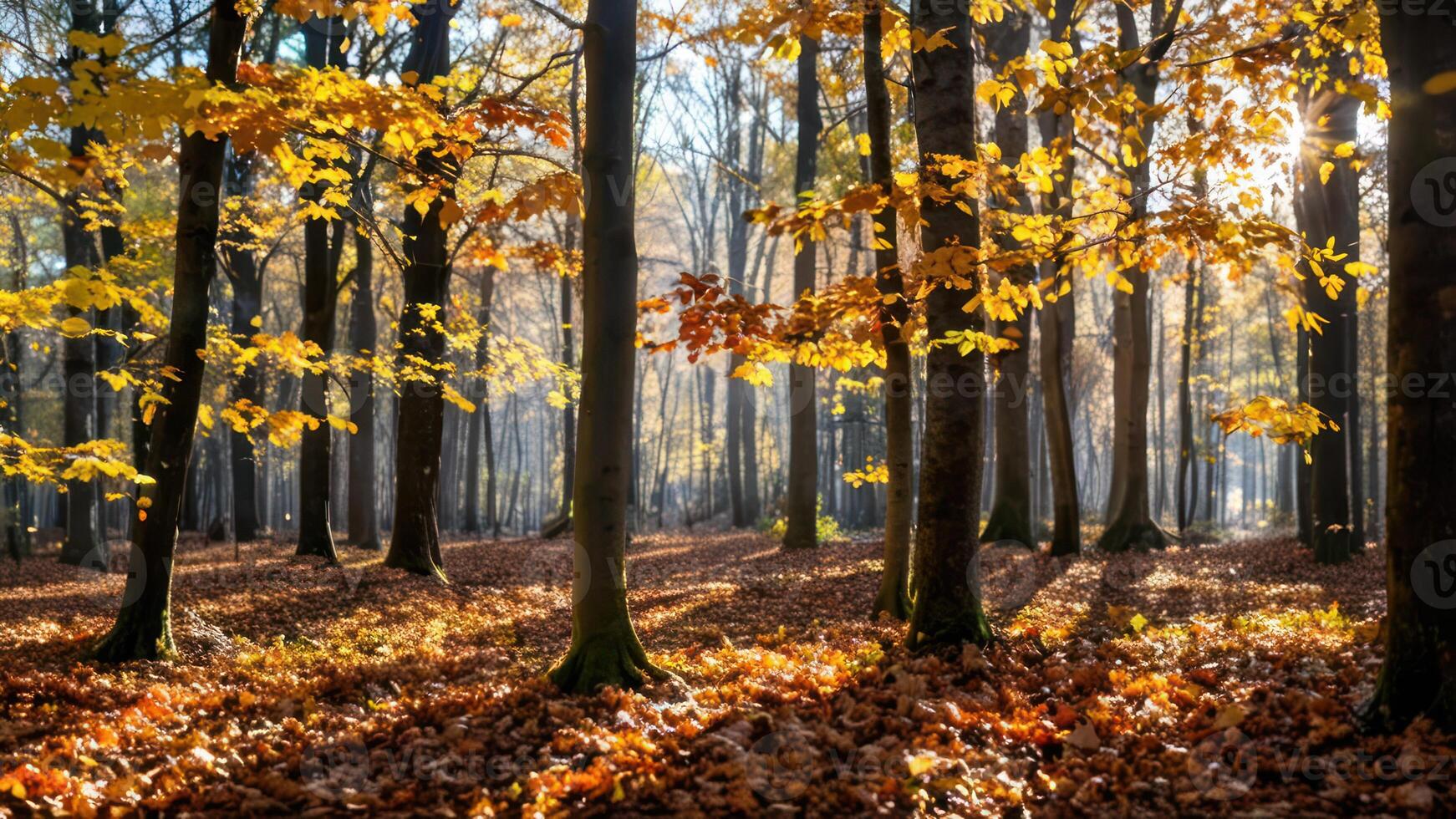 autumn leaves fall in the forrest with sun shining through trees, photo