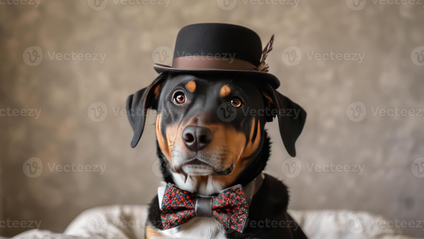a dog dressed in top hat, bow tie and bowtie, photo