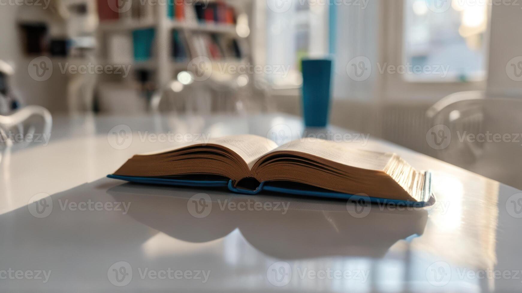 an book laying open on top of a table in front of some glasses, photo