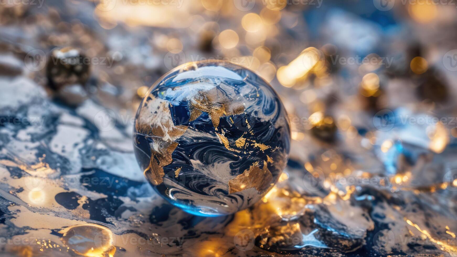 an illuminated mirror ball sits among christmas balls, photo