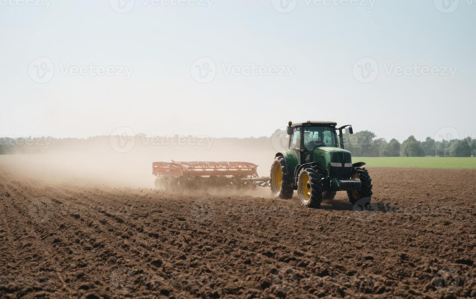 a tractor plowing an empty field with dust, photo