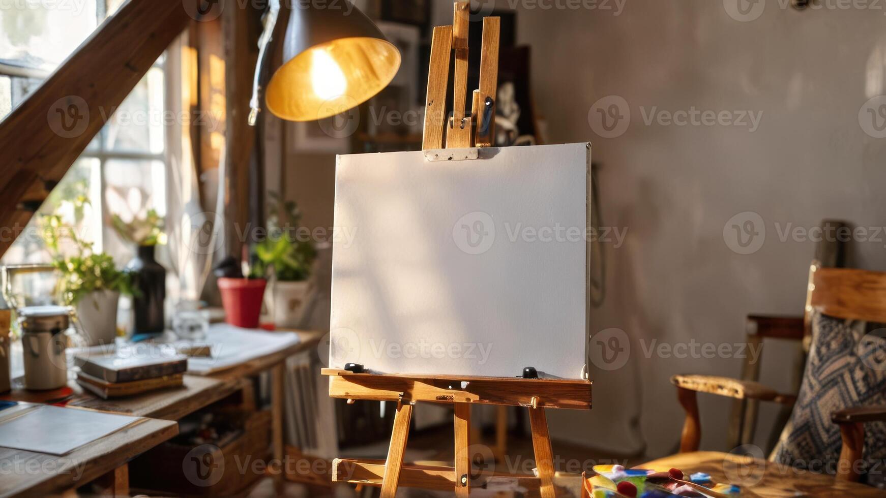 a easel with paint next to paintings on it in front of a table, photo