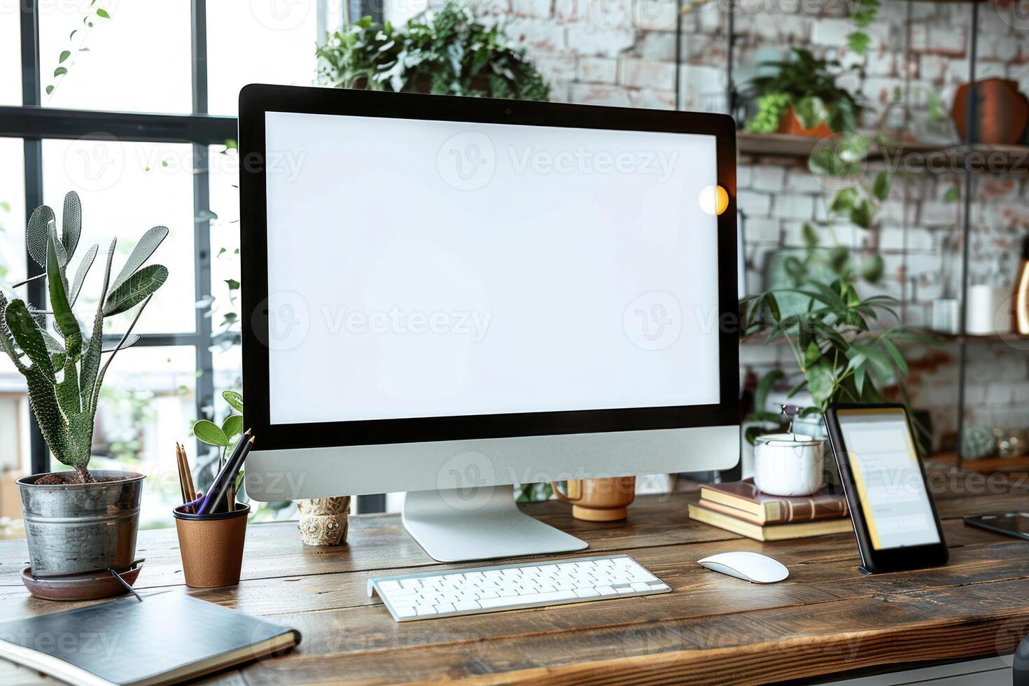 desktop computer monitor on desk with indoor plants above, photo