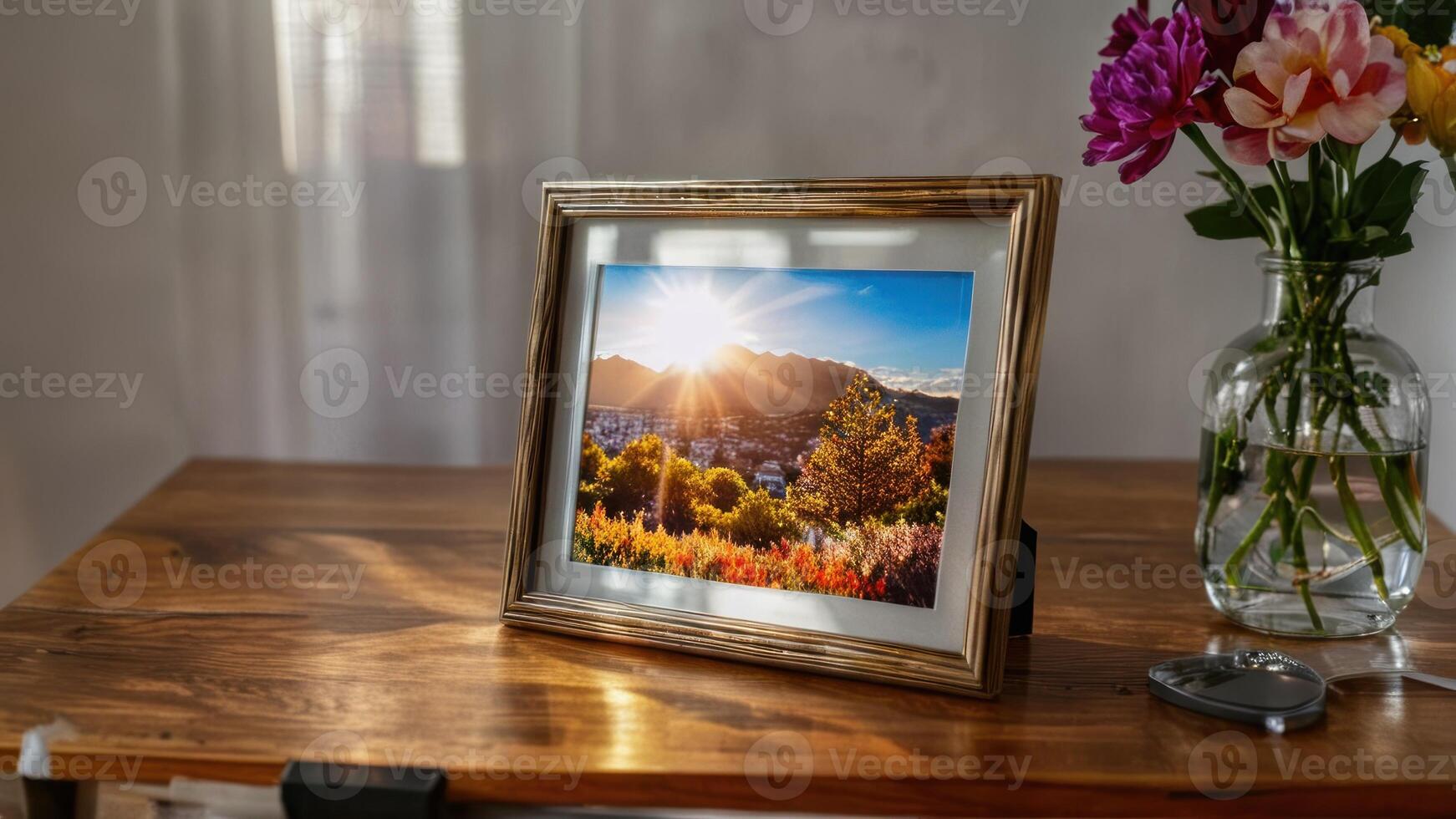 flowers in vase next to landscape on table, photo