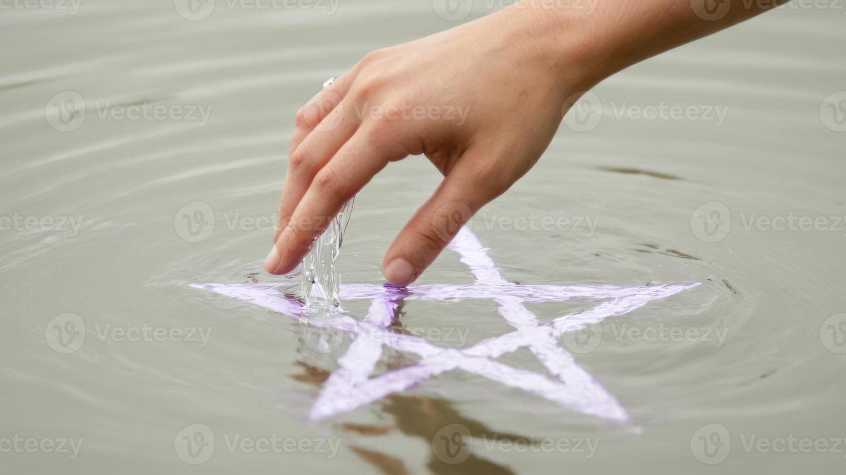 someone holding scissors and a sign that spellin is floating on the water, photo
