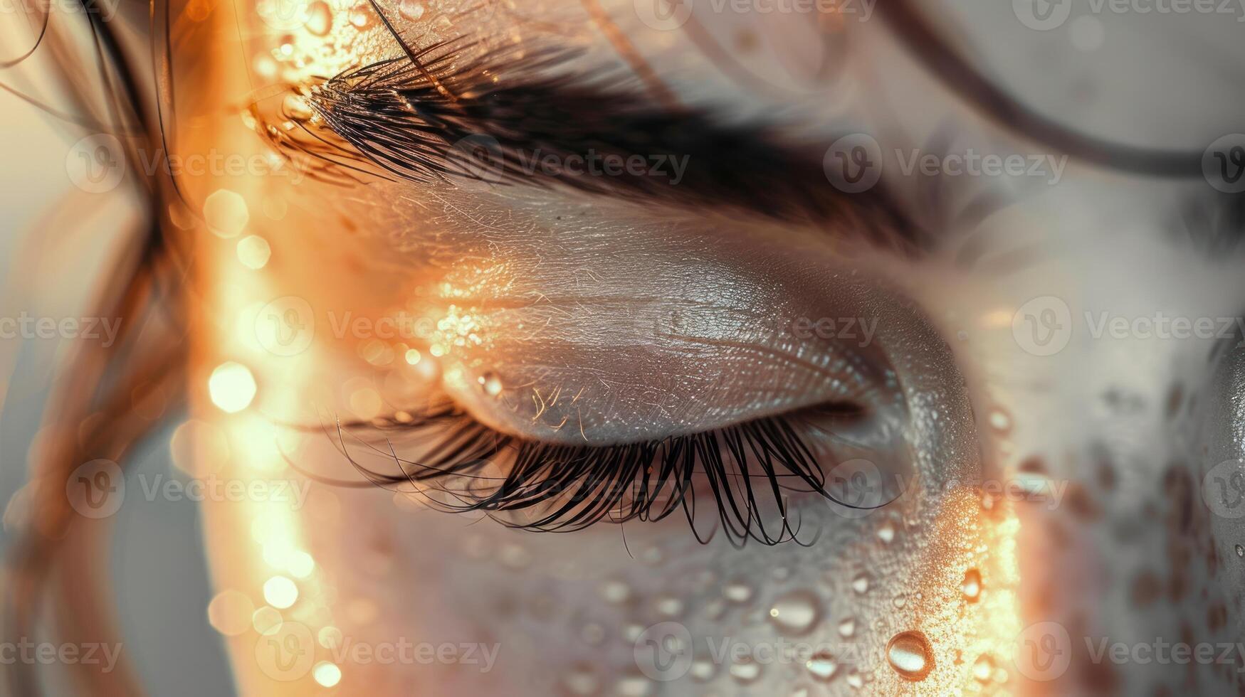 a closeup of the eye, and a lot of water beads, photo