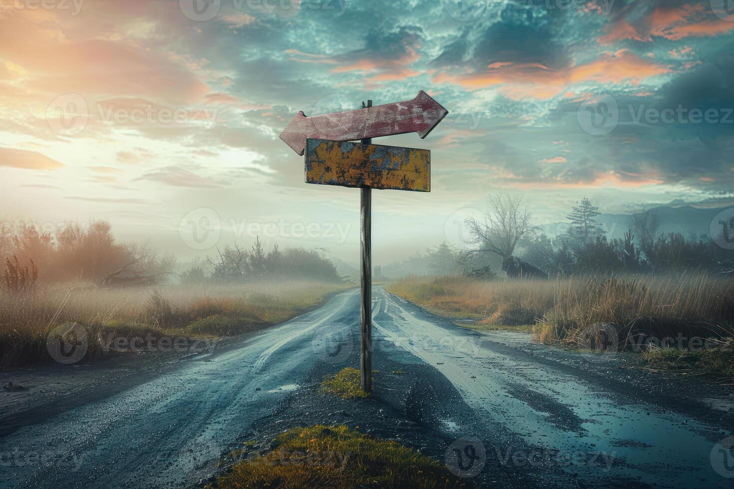 a street with two wooden and yellow directional signs, photo