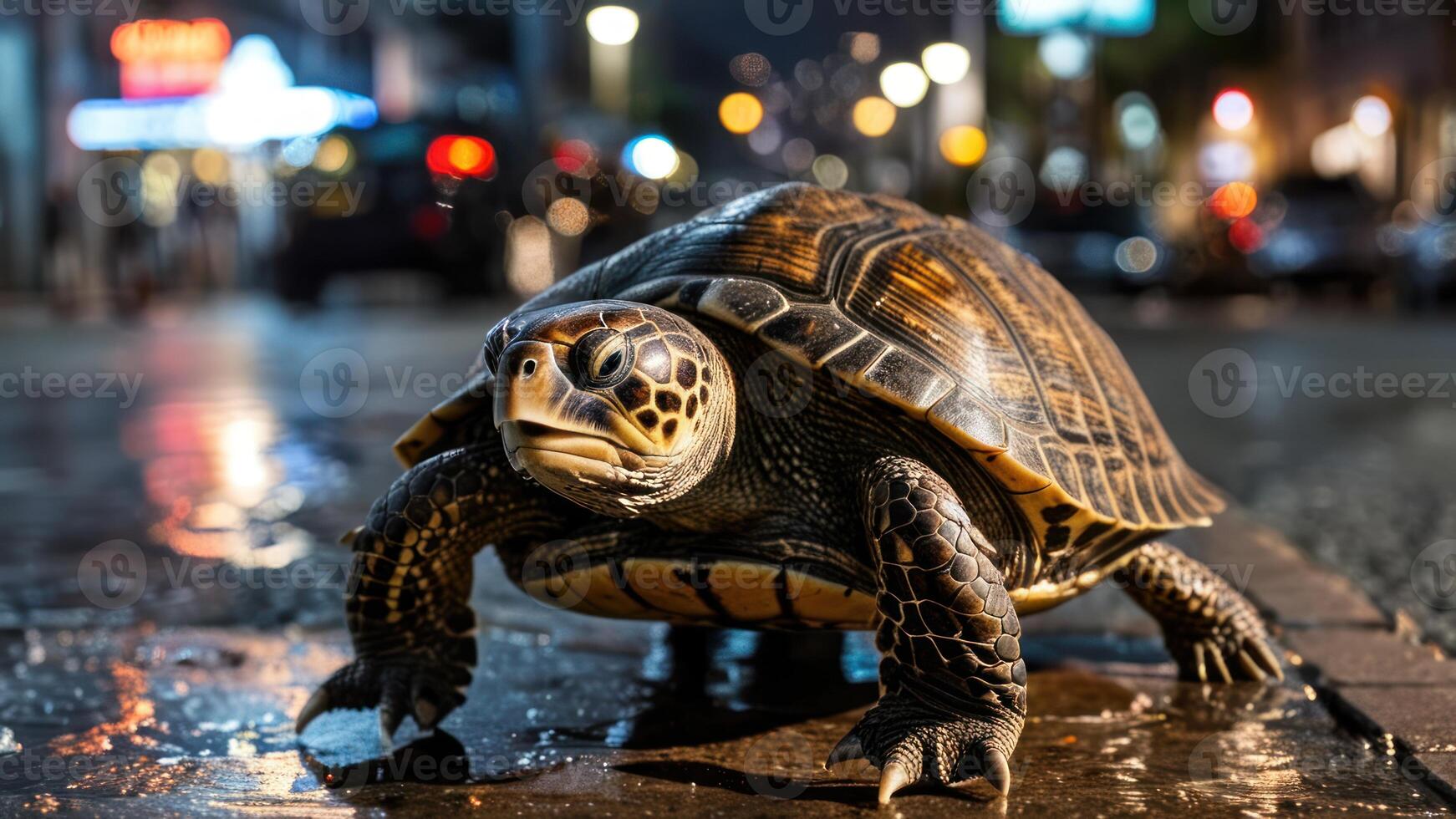 a turtle walking across the pavement on the night, photo