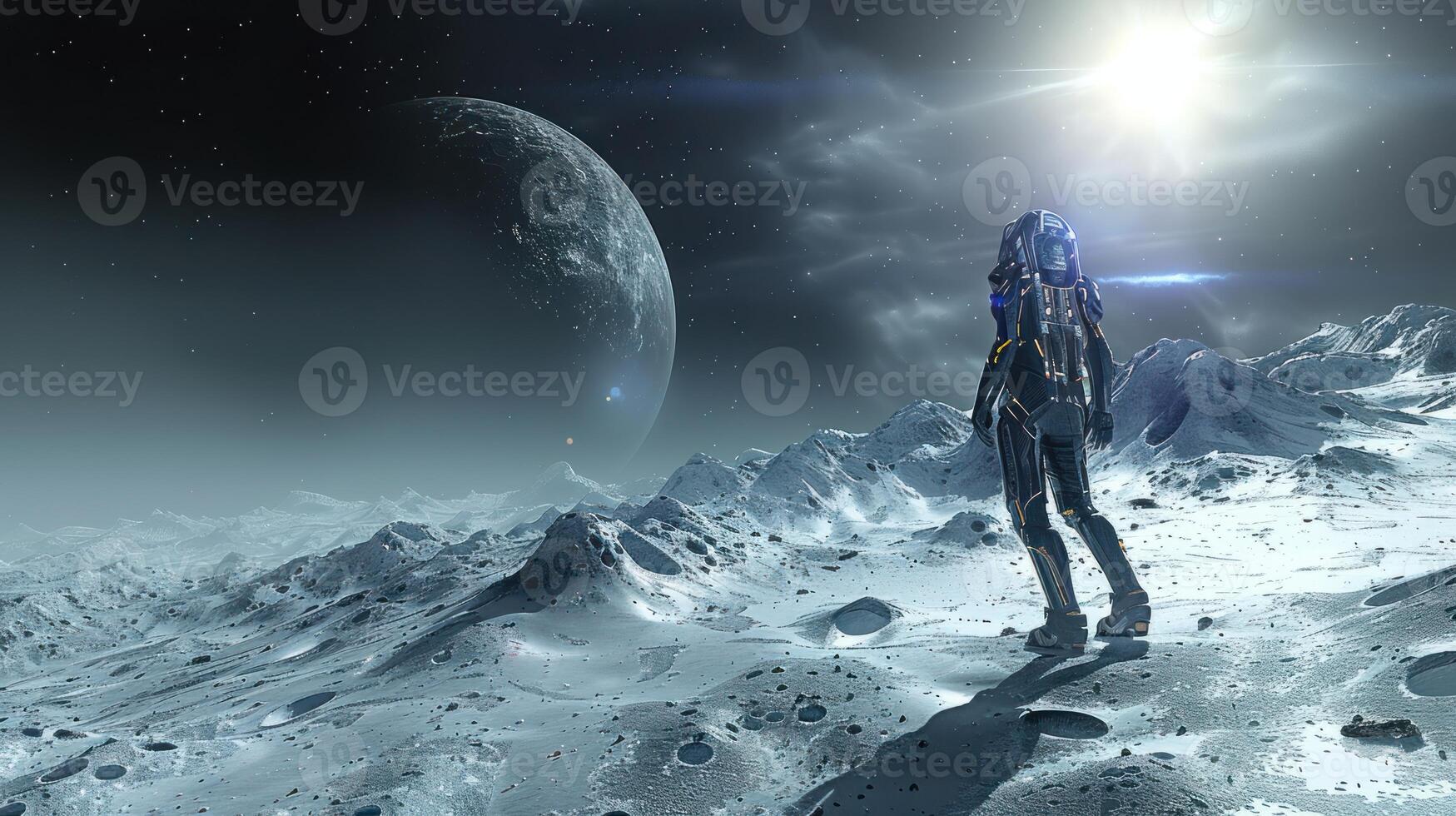 man with futuristic suit on standing in snow on planet, photo