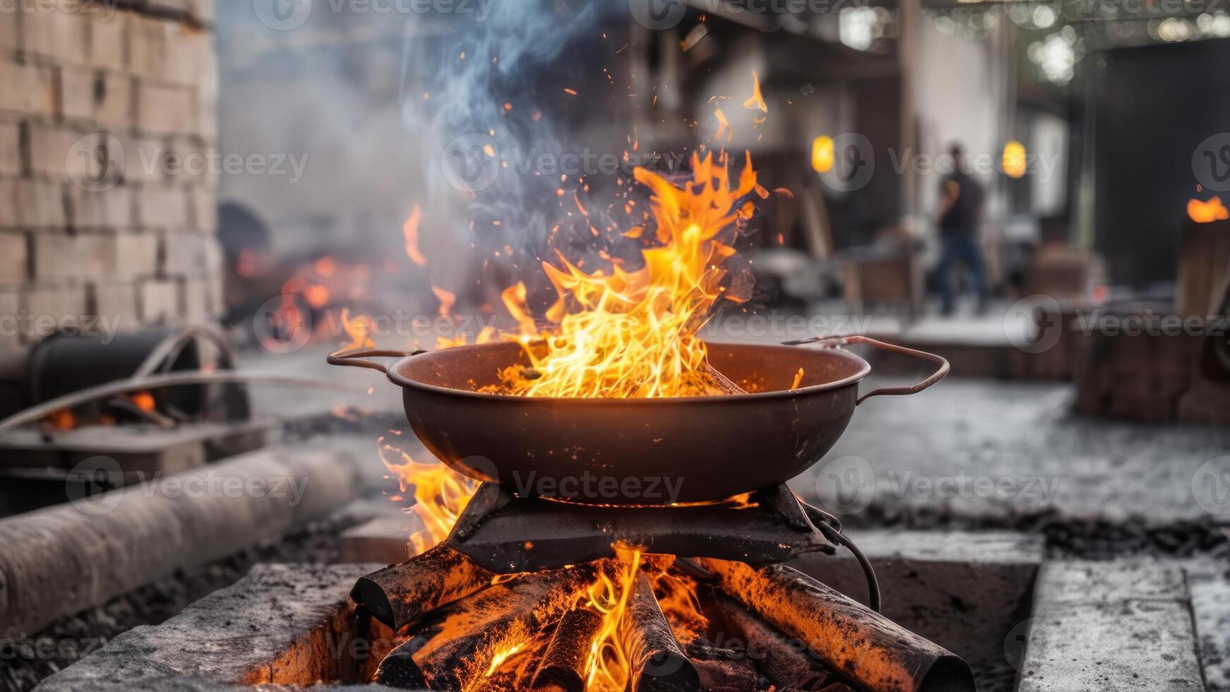 fire is cooking in the ground with burning logs, photo