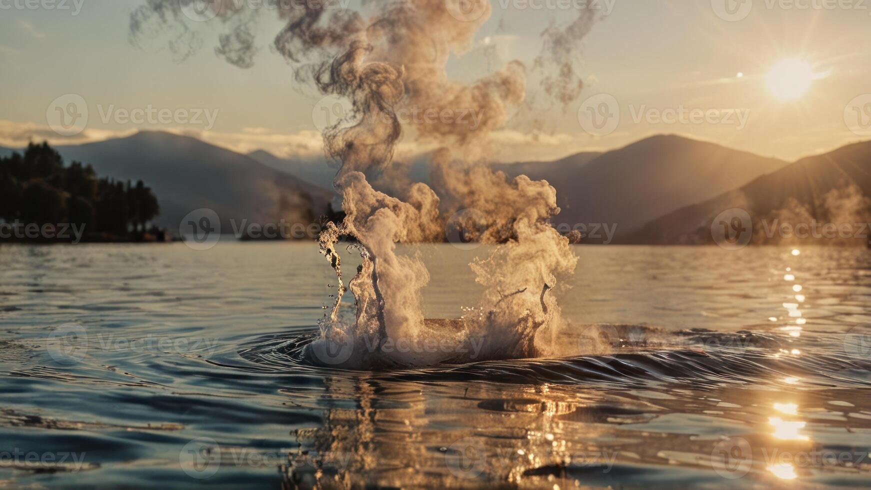 a splash from a plume of water into the lake as it rises, photo