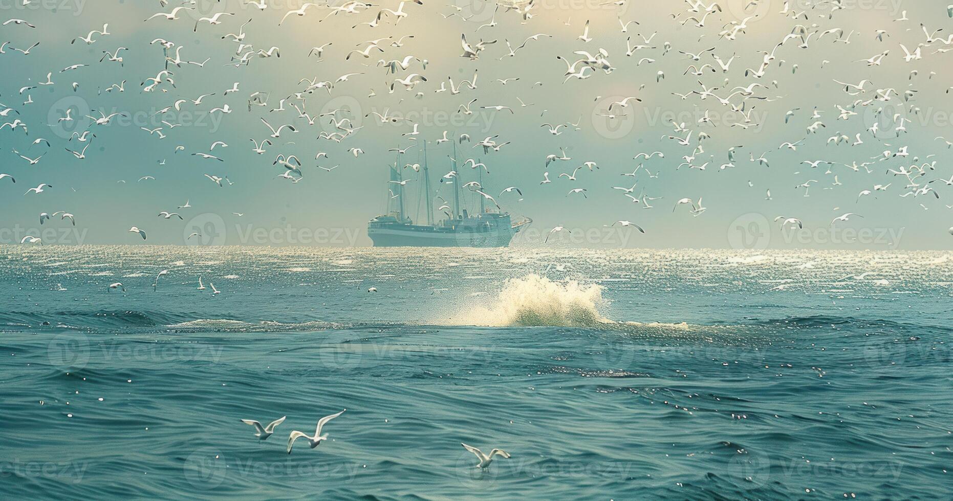 a large boat being lifted out in the ocean surrounded by lots of seagulls, photo