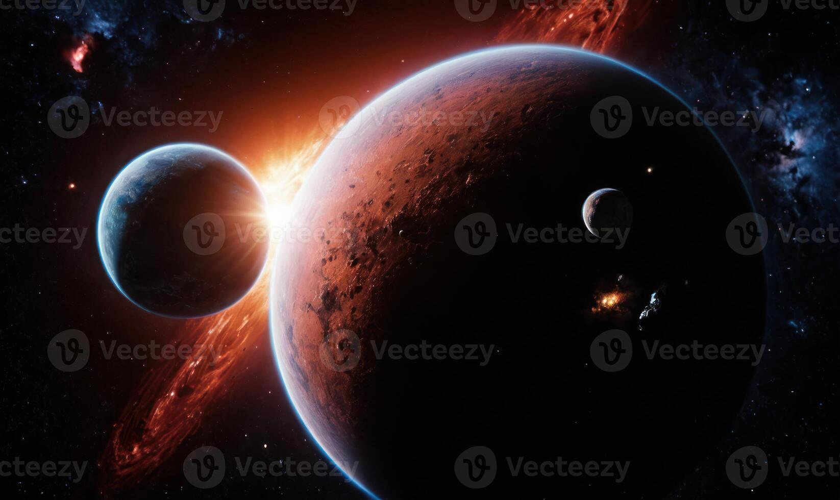 planets and a satellite in space with stars, photo